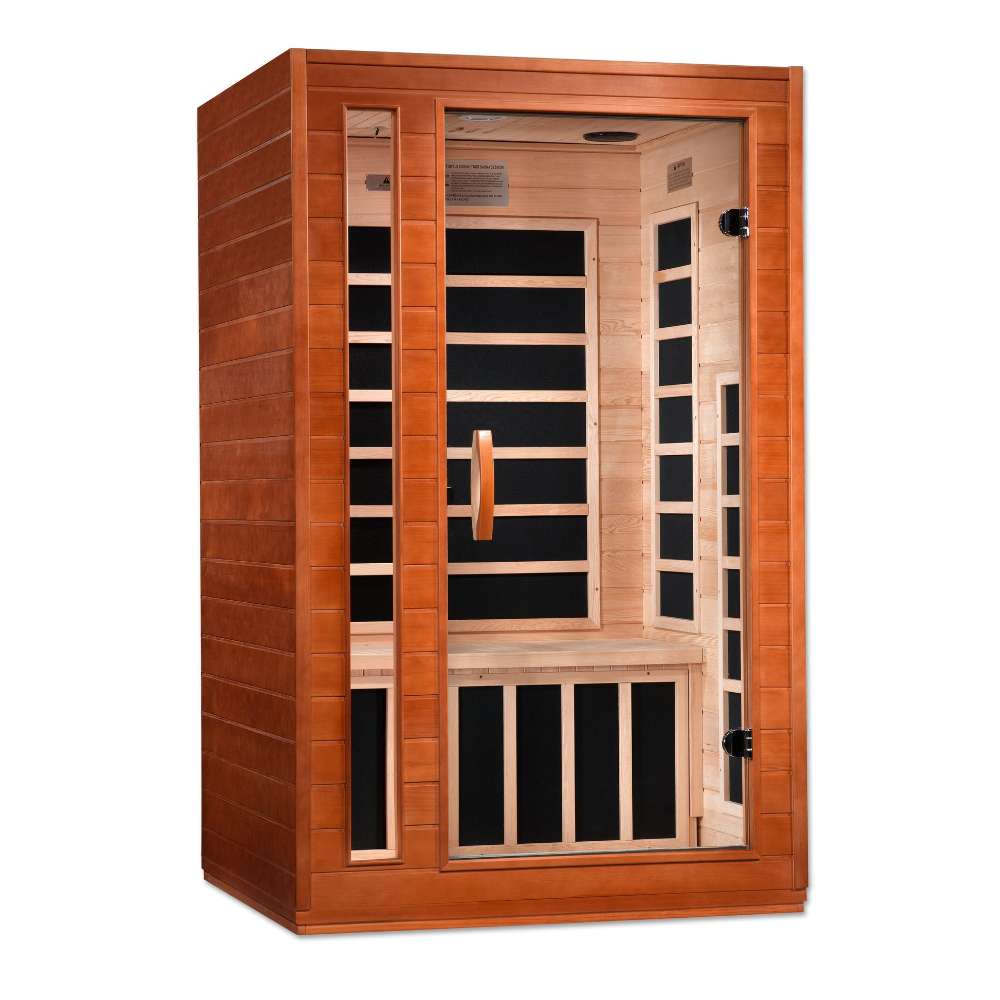 Angled from the left, Golden Designs Dynamic Cordoba 2 Person Low EMF Far Infrared Sauna shows its side wall, clear glass door and carbon panels