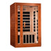 Angled from the left, Golden Designs Dynamic Cordoba 2 Person Low EMF Far Infrared Sauna shows its side wall, clear glass door and carbon panels