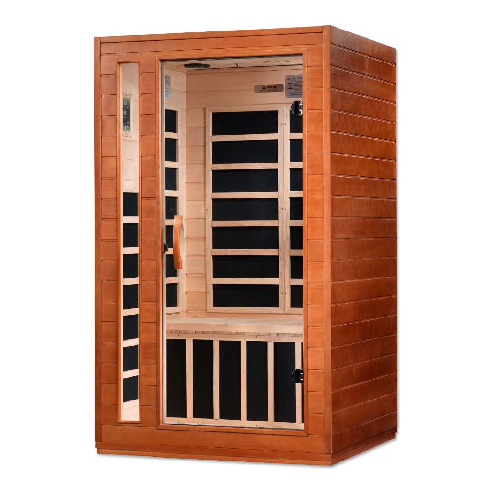 Angled from the left, Golden Designs Dynamic Cordoba Elite 2 Person Ultra Low EMF Far Infrared Sauna shows its cedar side wall, glass door and carbon panels inside