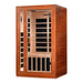 Angled from the left, Golden Designs Dynamic Cordoba Elite 2 Person Ultra Low EMF Far Infrared Sauna shows its cedar side wall, glass door and carbon panels inside