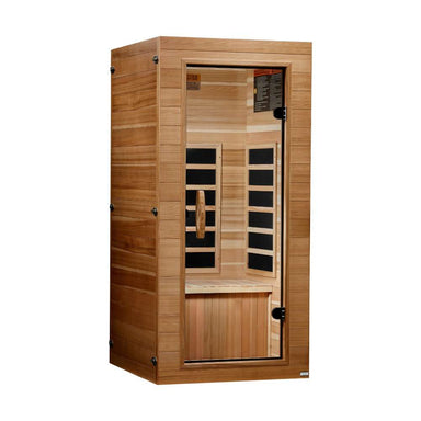 Angled from the left, Golden Designs Dynamic Elite 1 Person Compact Ultra Low EMF Far Infrared Sauna in Pacific Cedar shows its cedar side wall, glass door and carbon panels