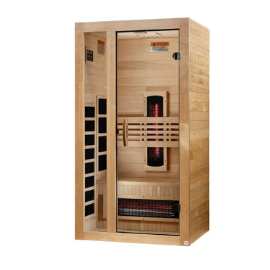 Angled from the left, Golden Designs Dynamic Gracia 1-2 Person Full Spectrum Near Zero EMF Far Infrared Sauna shows its hemlock side wall, glass door and carbon panels