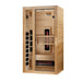 Angled from the left, Golden Designs Dynamic Gracia 1-2 Person Full Spectrum Near Zero EMF Far Infrared Sauna shows its hemlock side wall, glass door and carbon panels
