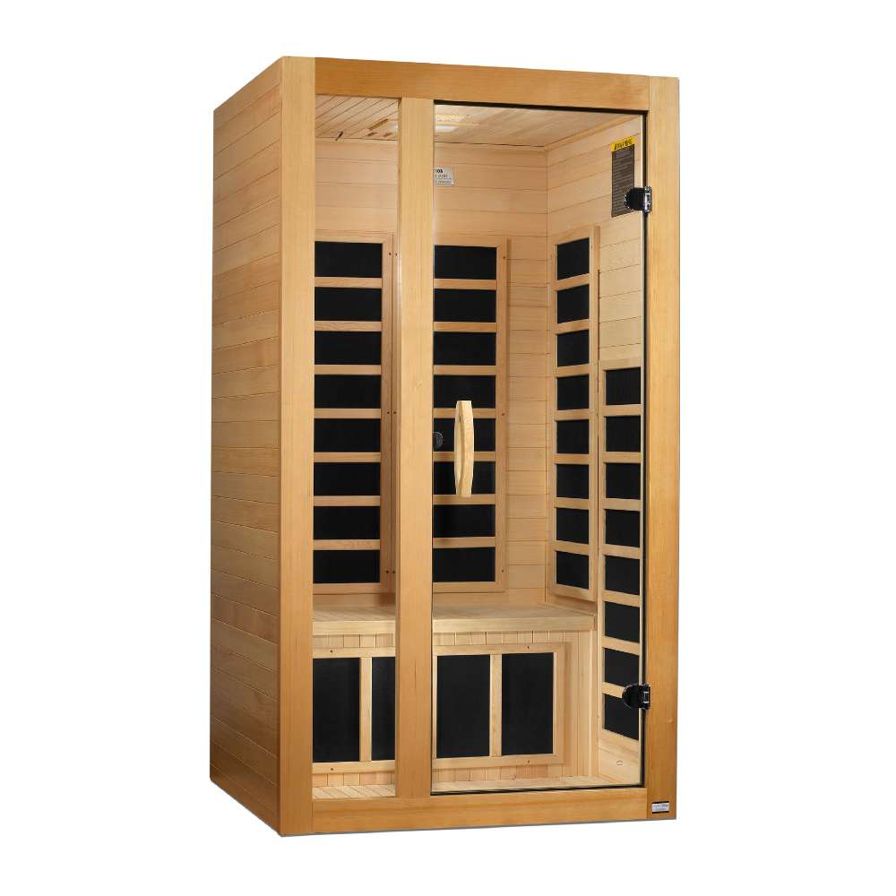 Angled from the left, Golden Designs Dynamic Gracia 1-2 Person Low EMF Far Infrared Sauna shows its light hemlock walls, glass door and carbon panels