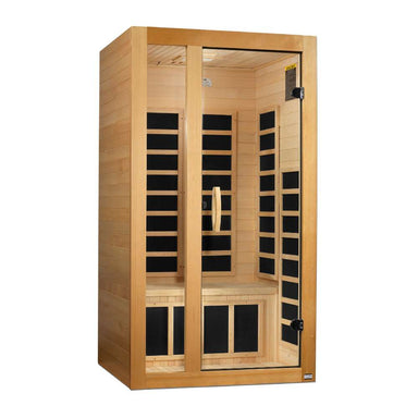 Angled from the left, Golden Designs Dynamic Gracia 1-2 Person Low EMF Far Infrared Sauna shows its light hemlock walls, glass door and carbon panels