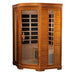 Angled from the left, Golden Designs Dynamic Heming Elite 2 Person Ultra Low EMF Far Infrared Corner Sauna shows its corner shape, bronze glass door and side glass panel