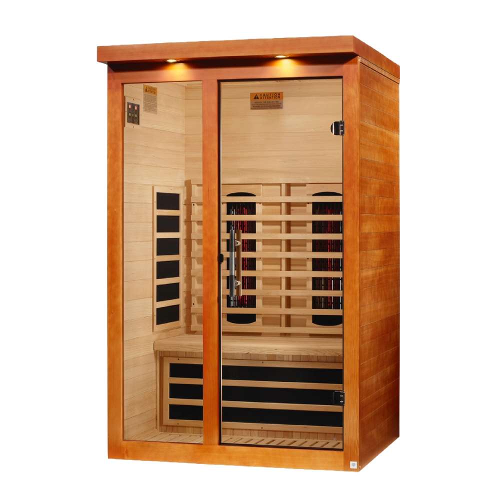 Angled from the left, Golden Designs Dynamic Llumeneres 2 Person Full Spectrum Near Zero EMF Far Infrared Sauna shows its cedar side wall, glass doors and carbon panels inside