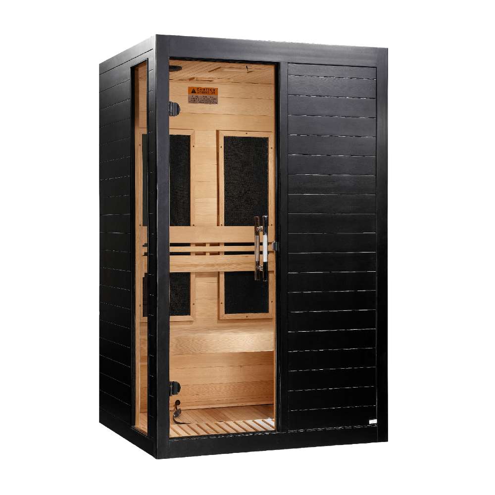 Angled from the left, Golden Designs Dynamic Lucca 2 Person Low EMF Far Infrared Sauna in Black Finish shows its black side wall, glass door and hemlock bench