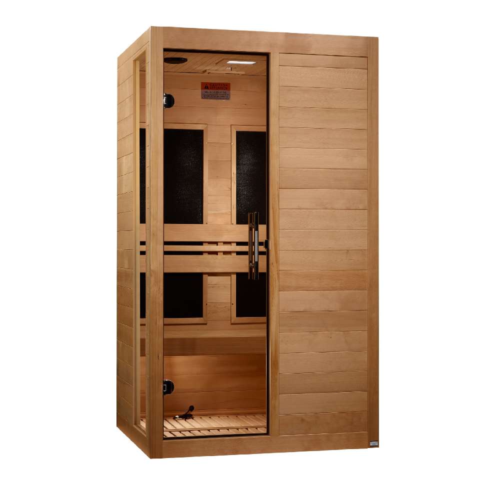 Angled from the left, Golden Designs Dynamic Lucca 2 Person Low EMF Far Infrared Sauna shows its hemlock side wall, glass door and carbon panels