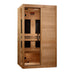 Angled from the left, Golden Designs Dynamic Lucca 2 Person Low EMF Far Infrared Sauna shows its hemlock side wall, glass door and carbon panels