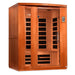 Angled from the left, Golden Designs Dynamic Lugano 3 Person Low EMF Far Infrared Sauna shows its cedar side wall, glass front and carbon panels