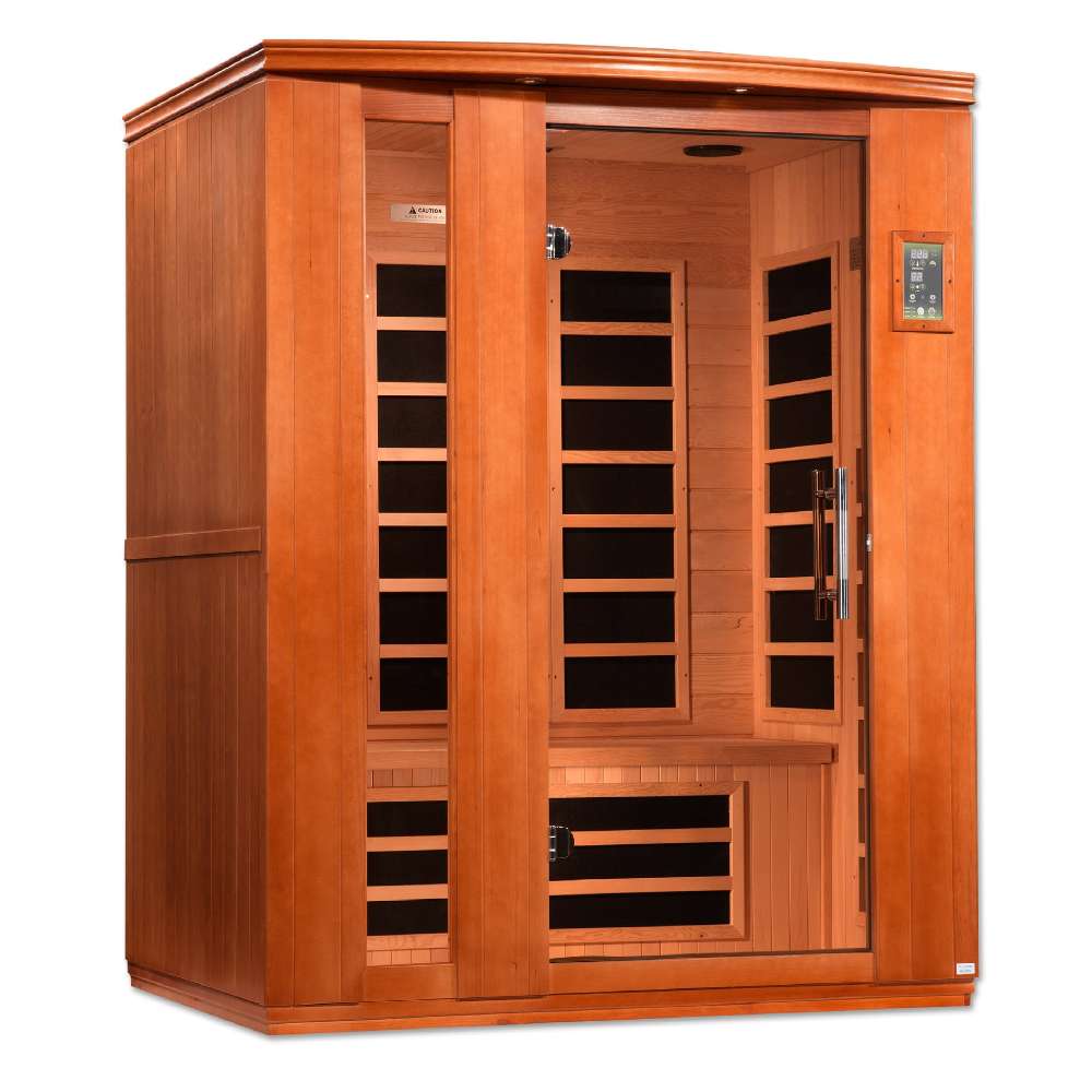 Angled from the left, Golden Designs Dynamic Lugano Elite 3 Person Ultra Low EMF Far Infrared Sauna shows its cedar side wall, glass front and carbon panels