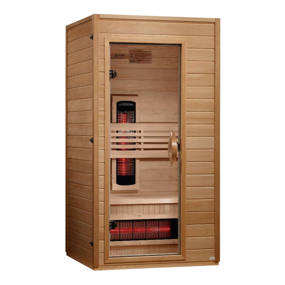 Angled from the left, Golden Designs Dynamic Martin 1-2 Person Full Spectrum Near Zero EMF Far Infrared Sauna shows its hemlock side wall, glass door and carbon panels