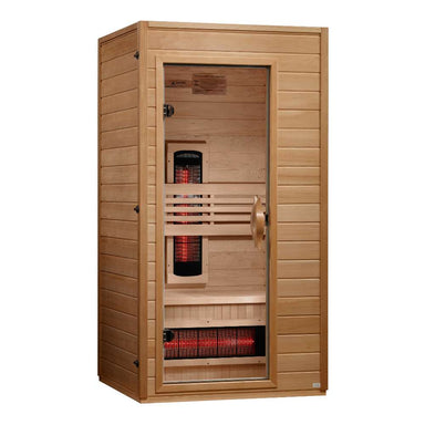 Angled from the left, Golden Designs Dynamic Martin 1-2 Person Full Spectrum Near Zero EMF Far Infrared Sauna shows its hemlock side wall, glass door and carbon panels