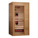 Angled from the left, Golden Designs Dynamic Martin 1-2 Person Full Spectrum Near Zero EMF Far Infrared Sauna shows its hemlock side wall, glass door and carbon panels