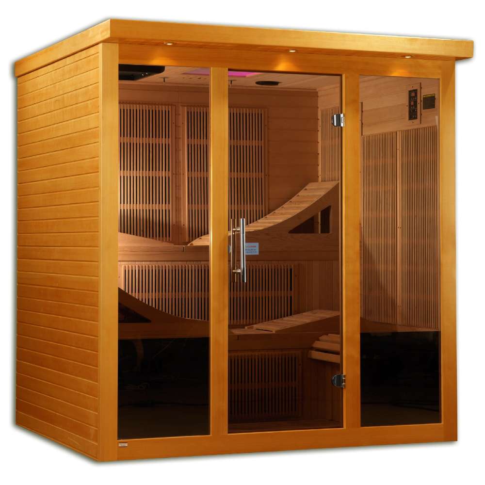 Angled from the left, Golden Designs Dynamic Monaco Elite 6 Person Ultra Low EMF Far Infrared Sauna shows its cedar side wall, wide bronze glass front and reclining benches