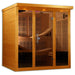 Angled from the left, Golden Designs Dynamic Monaco Elite 6 Person Ultra Low EMF Far Infrared Sauna shows its cedar side wall, wide bronze glass front and reclining benches