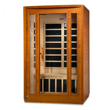 Angled from the left, Golden Designs Dynamic San Marino 2 Person Low EMF Far Infrared Sauna shows its cedar side wall, glass door and carbon panels inside