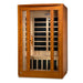 Angled from the left, Golden Designs Dynamic San Marino 2 Person Low EMF Far Infrared Sauna shows its cedar side wall, glass door and carbon panels inside