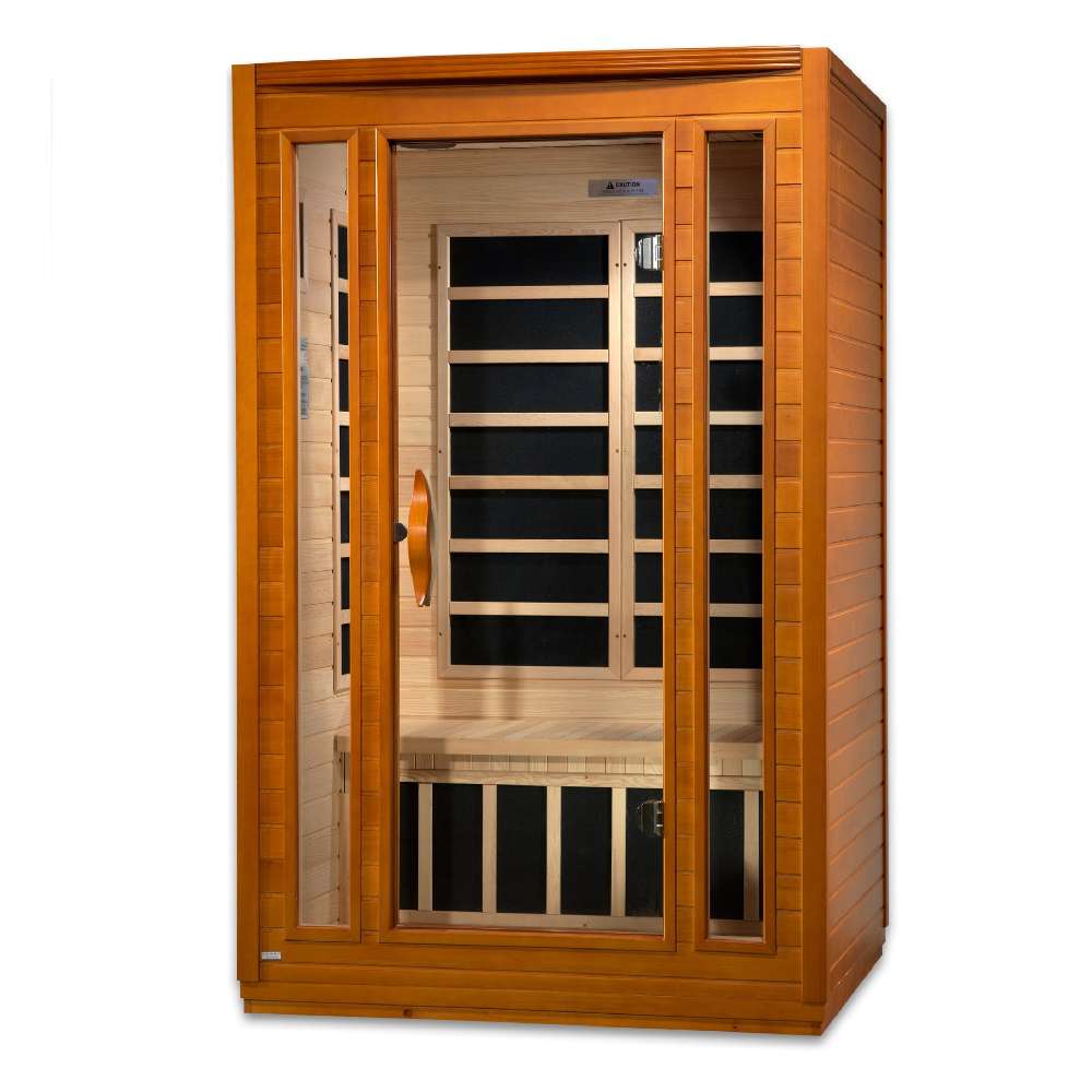 Angled from the left, Golden Designs Dynamic San Marino Elite 2 Person Ultra Low EMF Far Infrared Sauna shows its cedar side wall, glass door and carbon panels inside