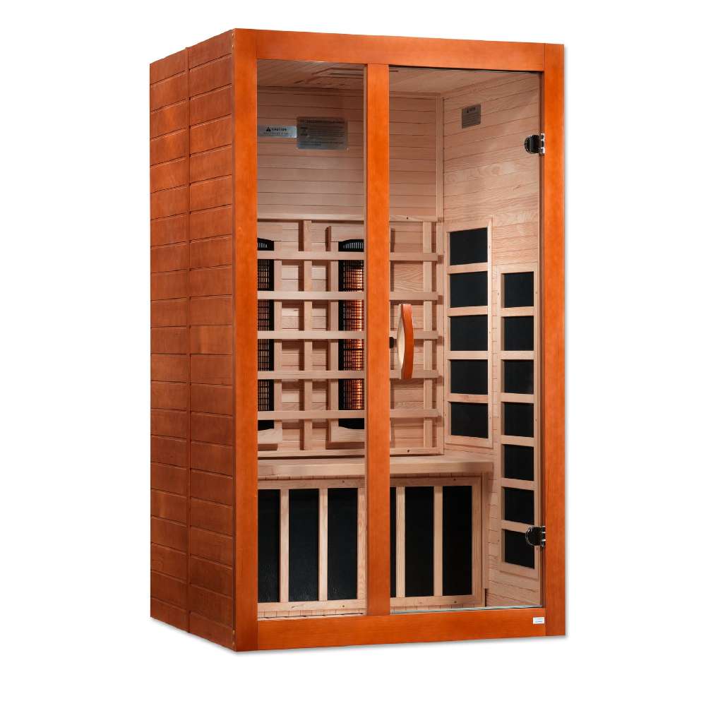 Angled from the left, Golden Designs Dynamic Santiago 2 Person Full Spectrum Infrared Sauna shows its cedar side wall, glass door and carbon panels inside