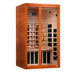Angled from the left, Golden Designs Dynamic Santiago 2 Person Full Spectrum Infrared Sauna shows its cedar side wall, glass door and carbon panels inside