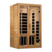 Angled from the left, Golden Designs Dynamic Santiago 2 Person Low EMF Far Infrared Sauna shows its hemlock side wall, glass front and carbon panels