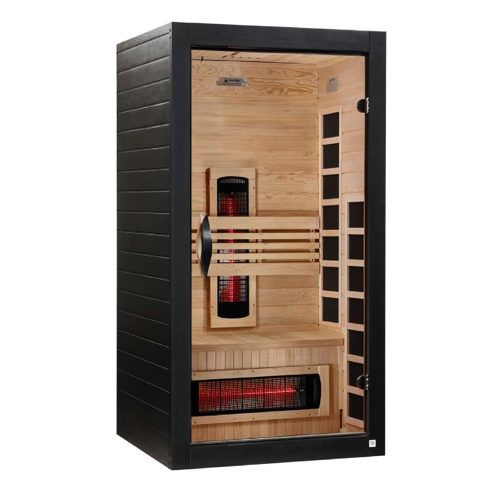 Angled from the left, Golden Designs Dynamic Santorini 1-2 Person Full Spectrum Near Zero EMF Far Infrared Sauna shows its black side wall, glass door and hemlock interior