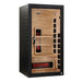 Angled from the left, Golden Designs Dynamic Santorini 1-2 Person Full Spectrum Near Zero EMF Far Infrared Sauna shows its black side wall, glass door and hemlock interior