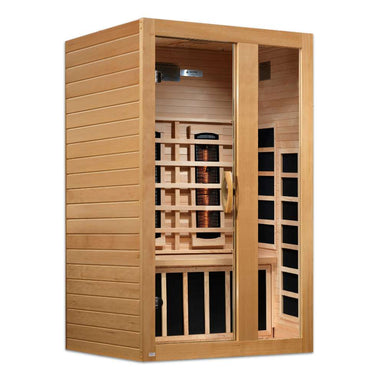 Angled from the left, Golden Designs Dynamic Serena 2 Person Full Spectrum Near Zero EMF Infrared Sauna shows its hemlock side wall, glass door and carbon panels
