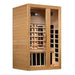 Angled from the left, Golden Designs Dynamic Serena 2 Person Full Spectrum Near Zero EMF Infrared Sauna shows its hemlock side wall, glass door and carbon panels