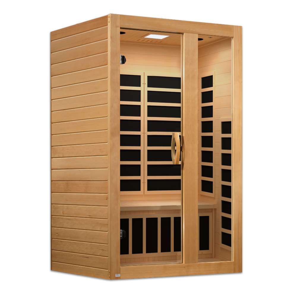 Angled from the left, Golden Designs Dynamic Serena 2 Person Low EMF Far Infrared Sauna shows its hemlock side wall, glass door and carbon panels