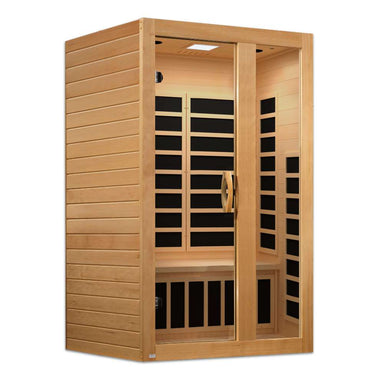 Angled from the left, Golden Designs Dynamic Serena 2 Person Low EMF Far Infrared Sauna shows its hemlock side wall, glass door and carbon panels
