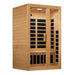 Angled from the left, Golden Designs Dynamic Serena Elite 2 Person Ultra Low EMF Far Infrared Sauna shows its hemlock side wall, glass door and carbon panels