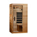Angled from the left, Golden Designs Dynamic Sicily Elite 1 Person Compact Ultra Low EMF Far Infrared Sauna shows its cedar side wall, glass door and bench