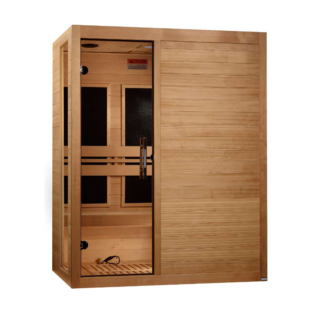Angled from the left, Golden Designs Dynamic Toscana 3 Person Low EMF Far Infrared Sauna shows its hemlock side wall, glass door and carbon panels