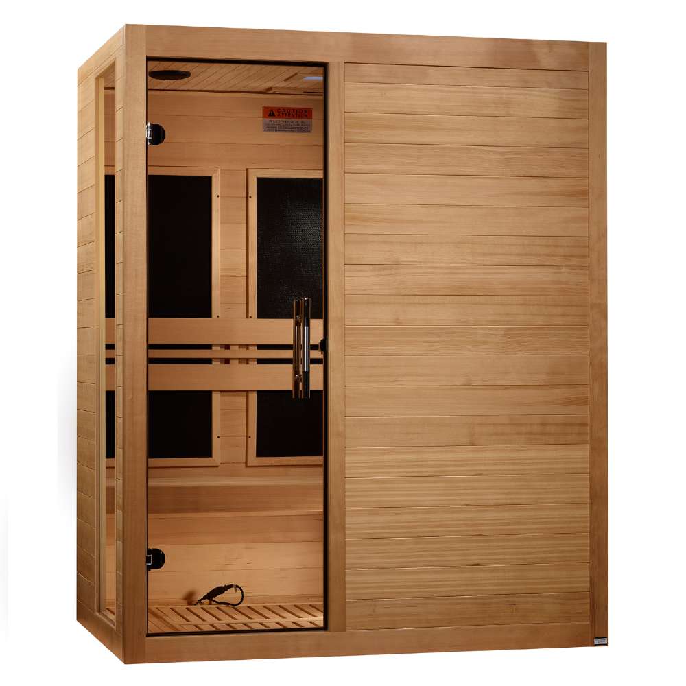Angled from the left, Golden Designs Dynamic Toscana Elite 3 Person Ultra Low EMF Far Infrared Sauna shows its hemlock side wall, glass door and carbon panels