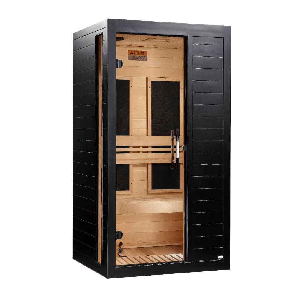 Angled from the left, Golden Designs Dynamic Veneto Elite 1-2 Person Ultra Low EMF Far Infrared Sauna in Black Finish shows its black side wall, glass door and carbon panels inside