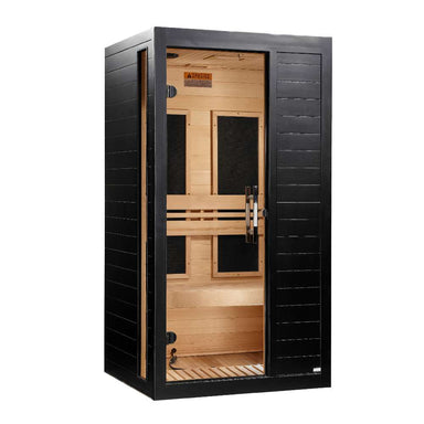 Angled from the left, Golden Designs Dynamic Veneto Elite 1-2 Person Ultra Low EMF Far Infrared Sauna in Black Finish shows its black side wall, glass door and carbon panels inside
