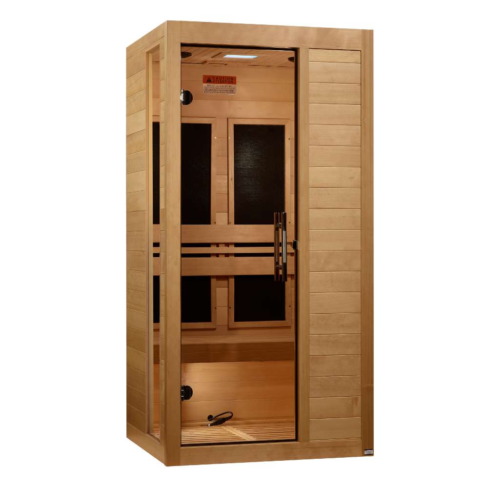 Angled from the left, Golden Designs Dynamic Veneto Elite 1-2 Person Ultra Low EMF Far Infrared Sauna shows its hemlock side wall, glass door and carbon panels