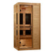 Angled from the left, Golden Designs Dynamic Veneto Elite 1-2 Person Ultra Low EMF Far Infrared Sauna shows its hemlock side wall, glass door and carbon panels