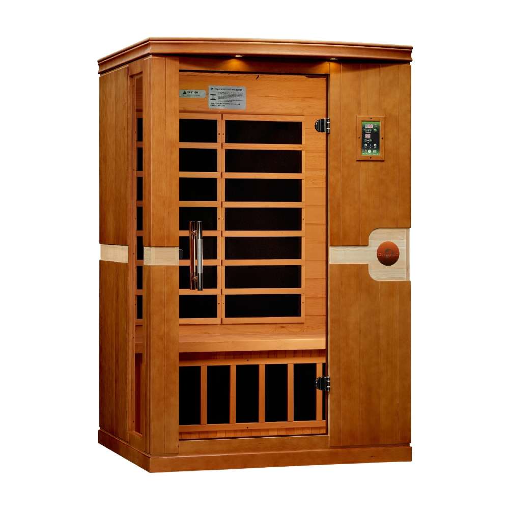 Angled from the left, Golden Designs Dynamic Venice 2 Person Low EMF Far Infrared Sauna shows its cedar side wall, glass door and exterior control panel
