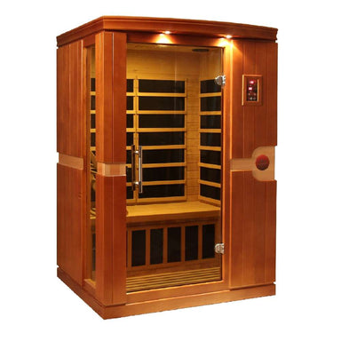 Angled from the left, Golden Designs Dynamic Venice Elite 2 Person Ultra Low EMF Far Infrared Sauna shows its cedar side wall, bronze glass door and accent lights