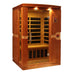 Angled from the left, Golden Designs Dynamic Venice Elite 2 Person Ultra Low EMF Far Infrared Sauna shows its cedar side wall, bronze glass door and accent lights
