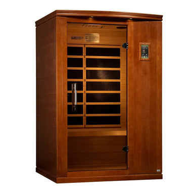 Angled from the left, Golden Designs Dynamic Venice IV Limited Elite 2 Person Ultra Low EMF Far Infrared Sauna shows its side wall, bronze glass door and carbon panels