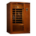 Angled from the left, Golden Designs Dynamic Venice IV Limited Elite 2 Person Ultra Low EMF Far Infrared Sauna shows its side wall, bronze glass door and carbon panels