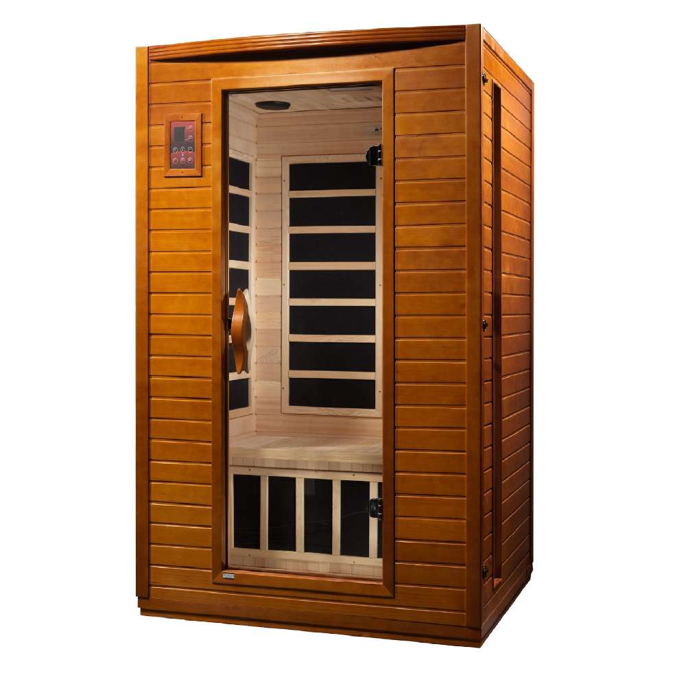 Angled from the left, Golden Designs Dynamic Versailles Elite 2 Person Ultra Low EMF Far Infrared Sauna shows its cedar side wall, glass door and bench