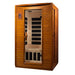 Angled from the left, Golden Designs Dynamic Versailles Elite 2 Person Ultra Low EMF Far Infrared Sauna shows its cedar side wall, glass door and bench