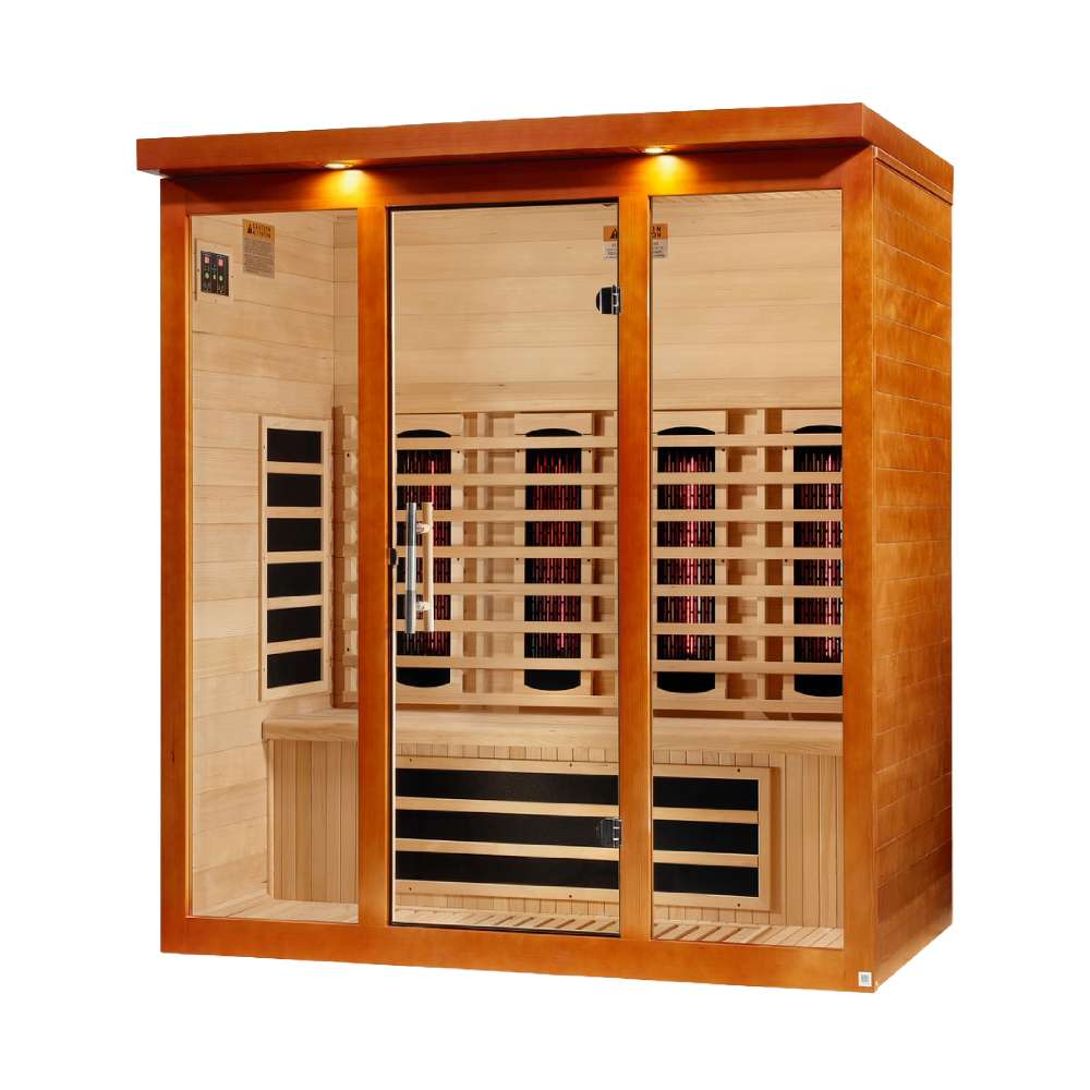 Angled from the left, Golden Designs Dynamic Vila Grande 4 Person Full Spectrum Near Zero EMF Far Infrared Sauna shows its cedar side wall, glass doors and carbon panels inside