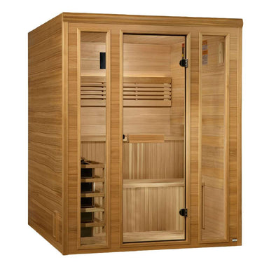 Angled from the left, Golden Designs Engelberg 6 Person Traditional Sauna shows its cedar side wall, glass door with black handle and slatted backrest inside
